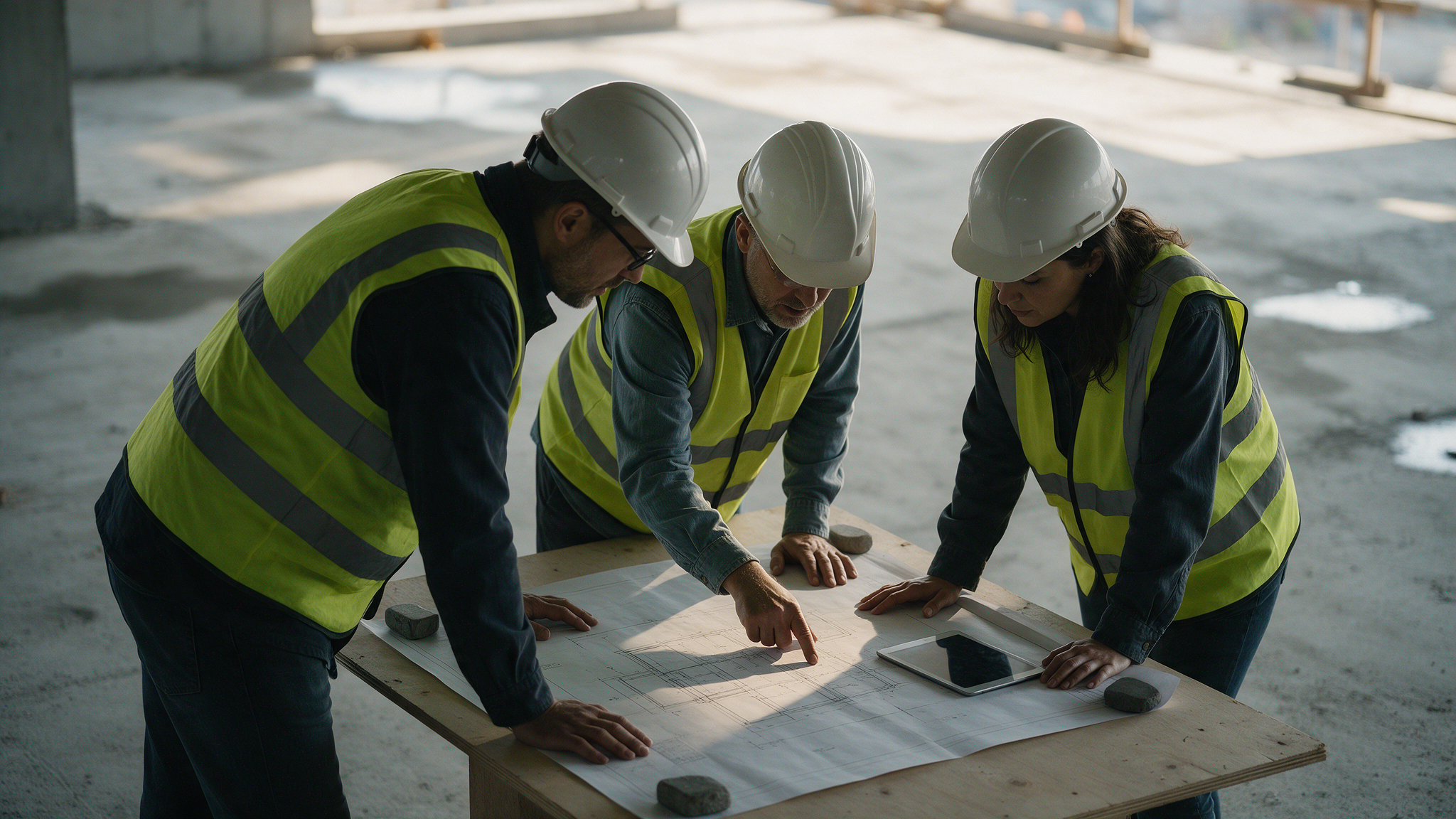 Three people in hard hats and high-visibility vests lean over a printed drawing weighted down on a plywood table.