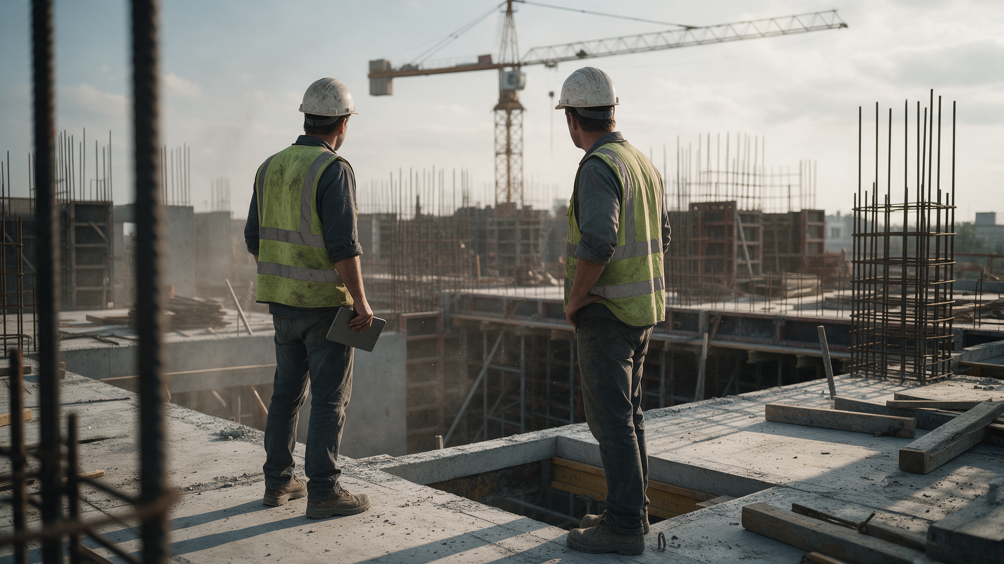 Two site staff in high-visibility vests stand at the edge of a concrete deck, looking out over rebar, formwork and a tower crane.