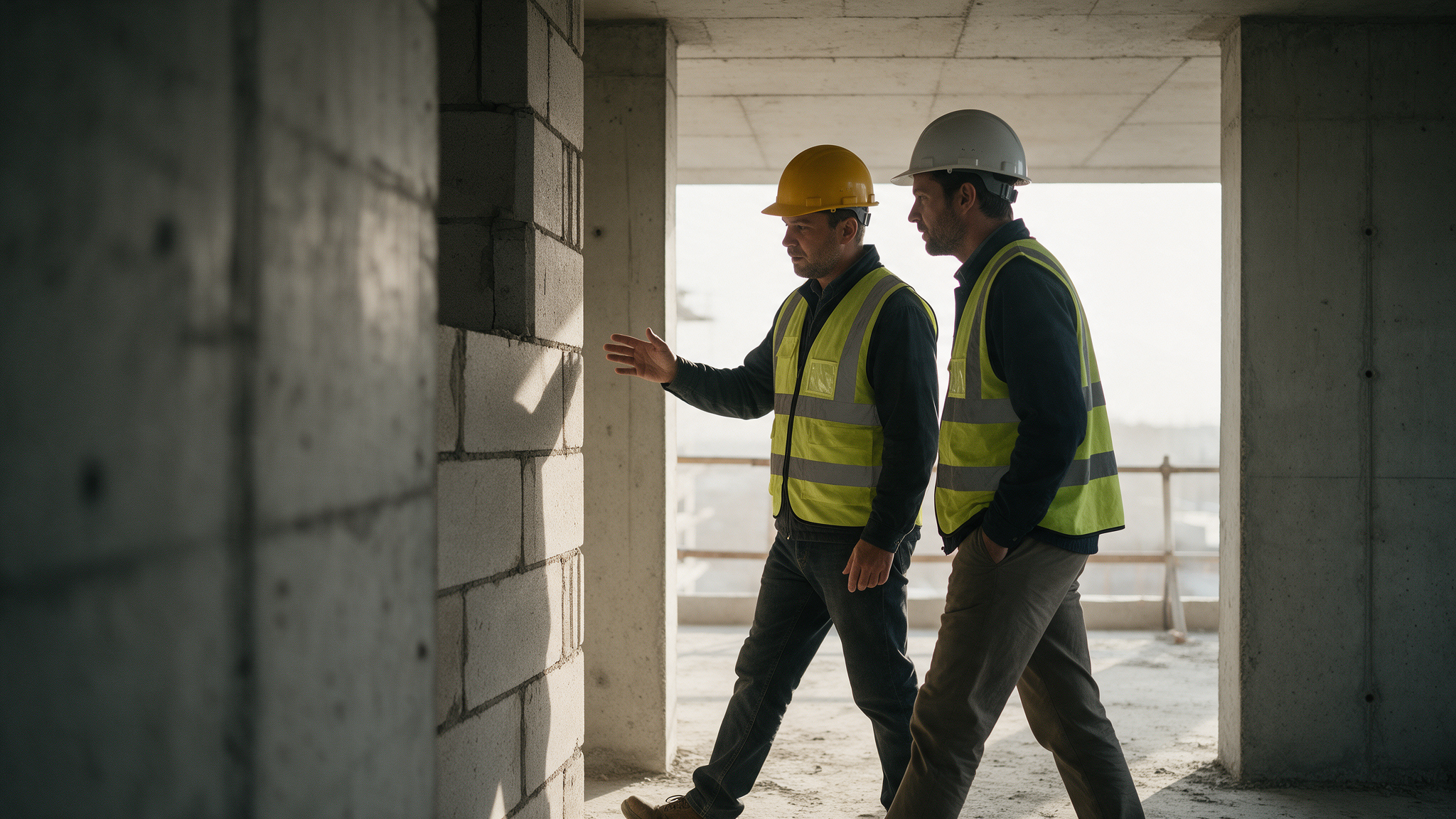 Two workers walk through an unfinished floor, one gesturing at a blockwork wall as they pass. Neither is writing anything down.