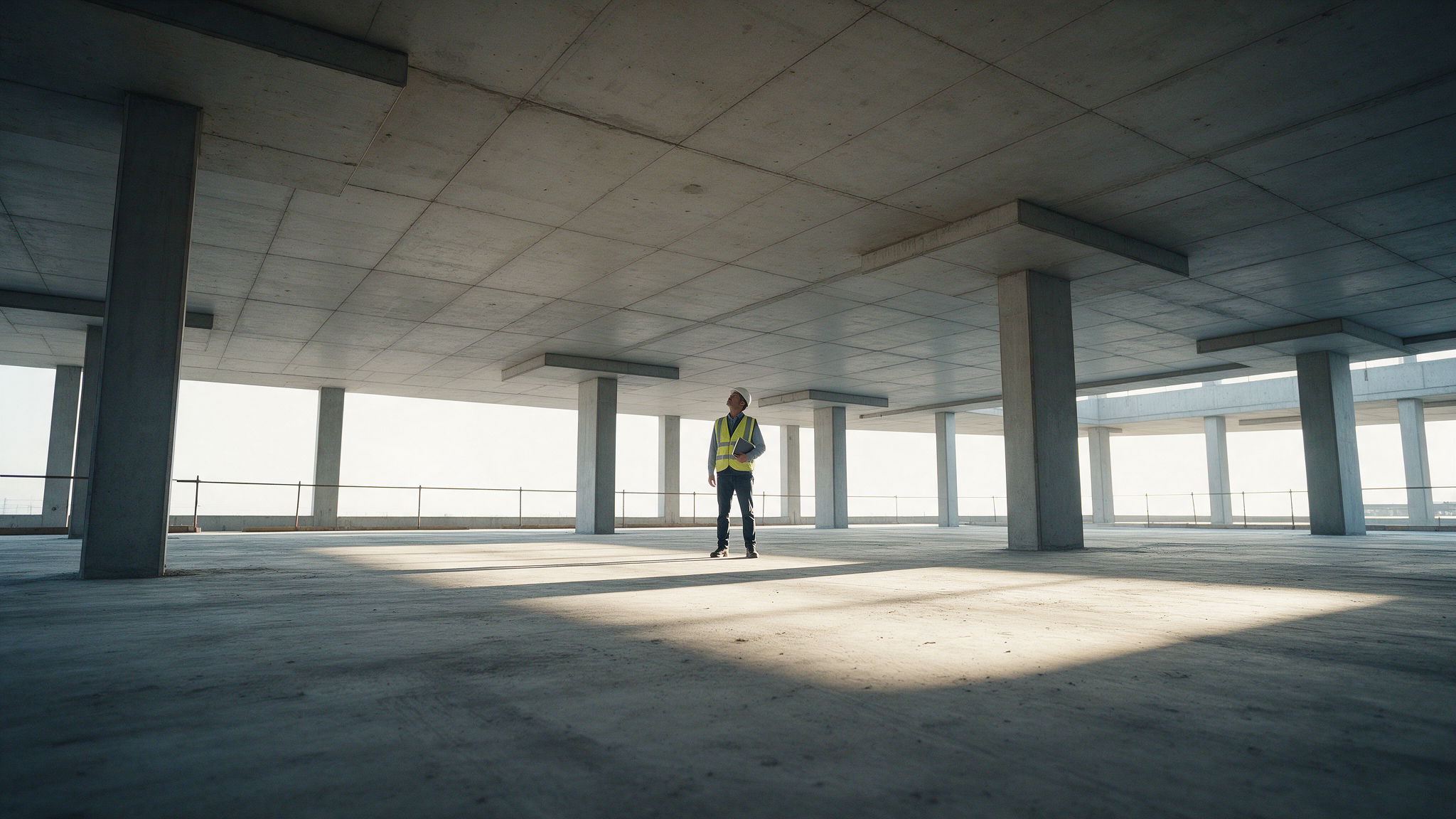 A lone engineer stands small in the middle of a vast empty concrete floor, columns receding on both sides.